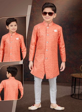 Orange Silk Sherwani Kids Wear with Buttons, Fancy and Thread Work for Kid