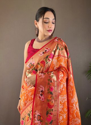 Orange Silk Traditional Saree with Print and Weaving Work for Women