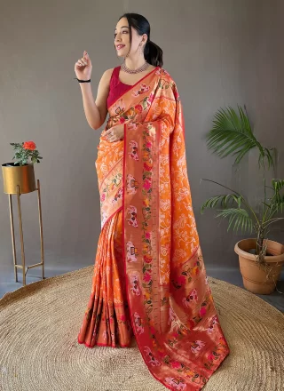 Orange Silk Traditional Saree with Print and Weaving Work for Women