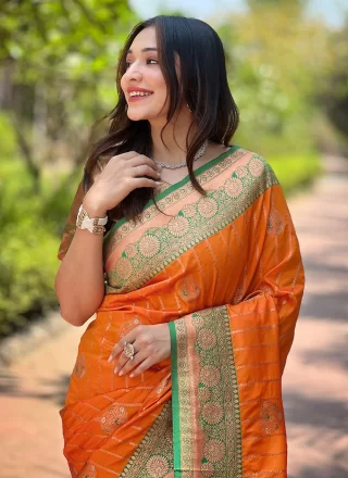 Orange Silk Traditional Saree with Weaving Work