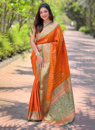 Orange Silk Traditional Saree with Weaving Work