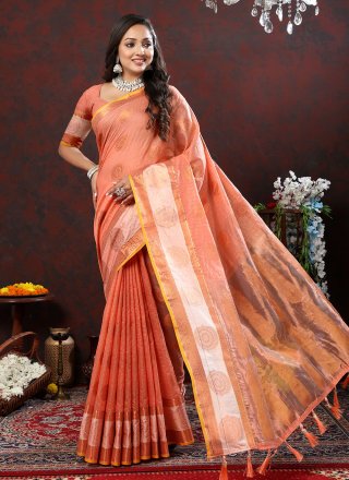 Orange Soft Cotton Weaving Work Trendy Saree for Ceremonial