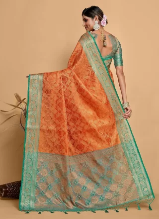 Orange Weaving Work Kanjivaram Silk Designer Saree