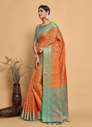 Orange Weaving Work Kanjivaram Silk Designer Saree