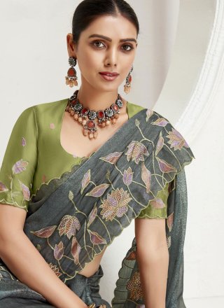 Organza Classic Saree with Digital Print and Embroidered Work