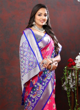 Organza Contemporary Saree In Blue and Pink