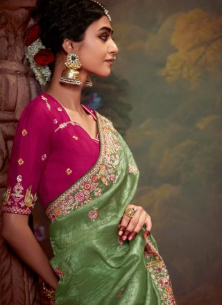 Organza Contemporary Saree In Green