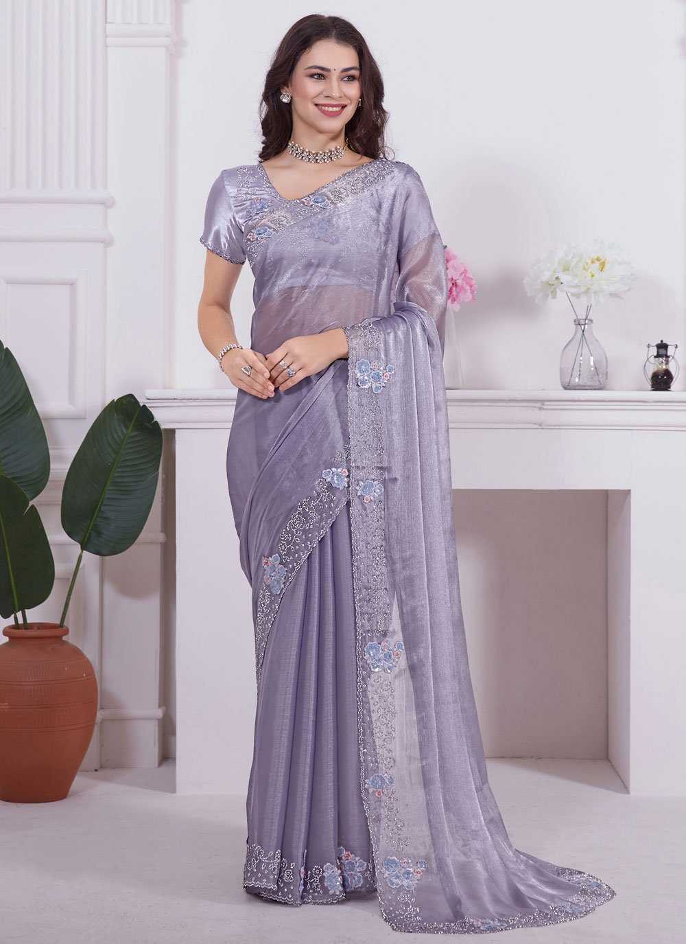 Designer 2024 Organza Silk Saree with Thread work with Diamonds for Women By Velly