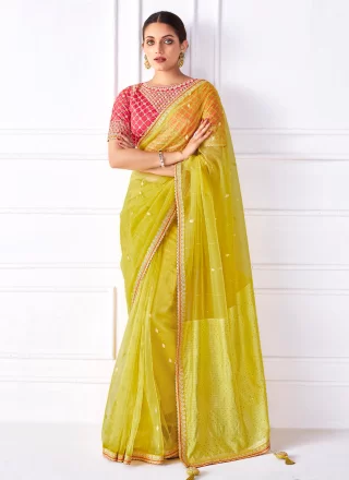 Organza Contemporary Saree with Patch Border, Embroidered and Woven Work