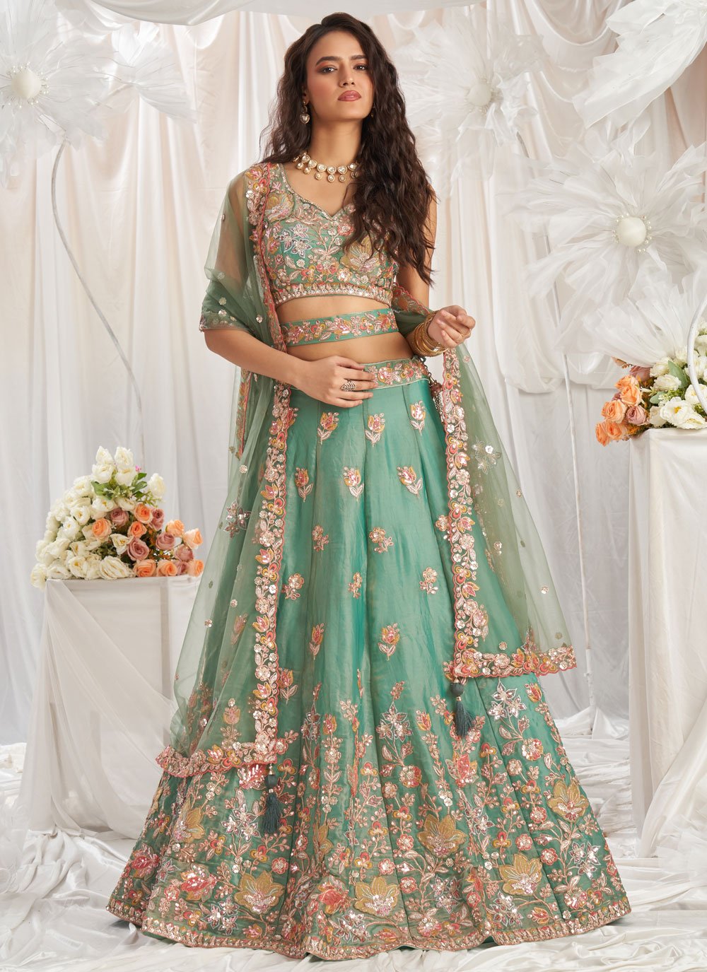 Peach Organza Silk Lehanga Choli for Wedding, Modern Embroidrered Lehenga 2024 Choli