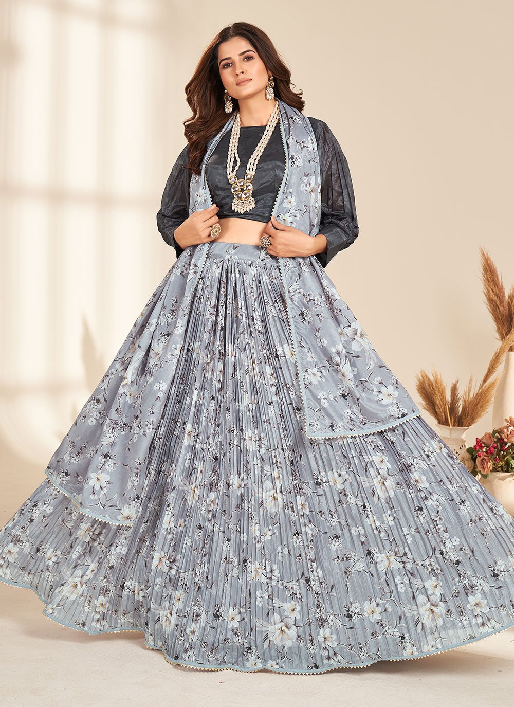 Grey Sequin Lengha Choli w/ Pearls: Indian Bridal Outfit~San Francisco – B  Anu Designs