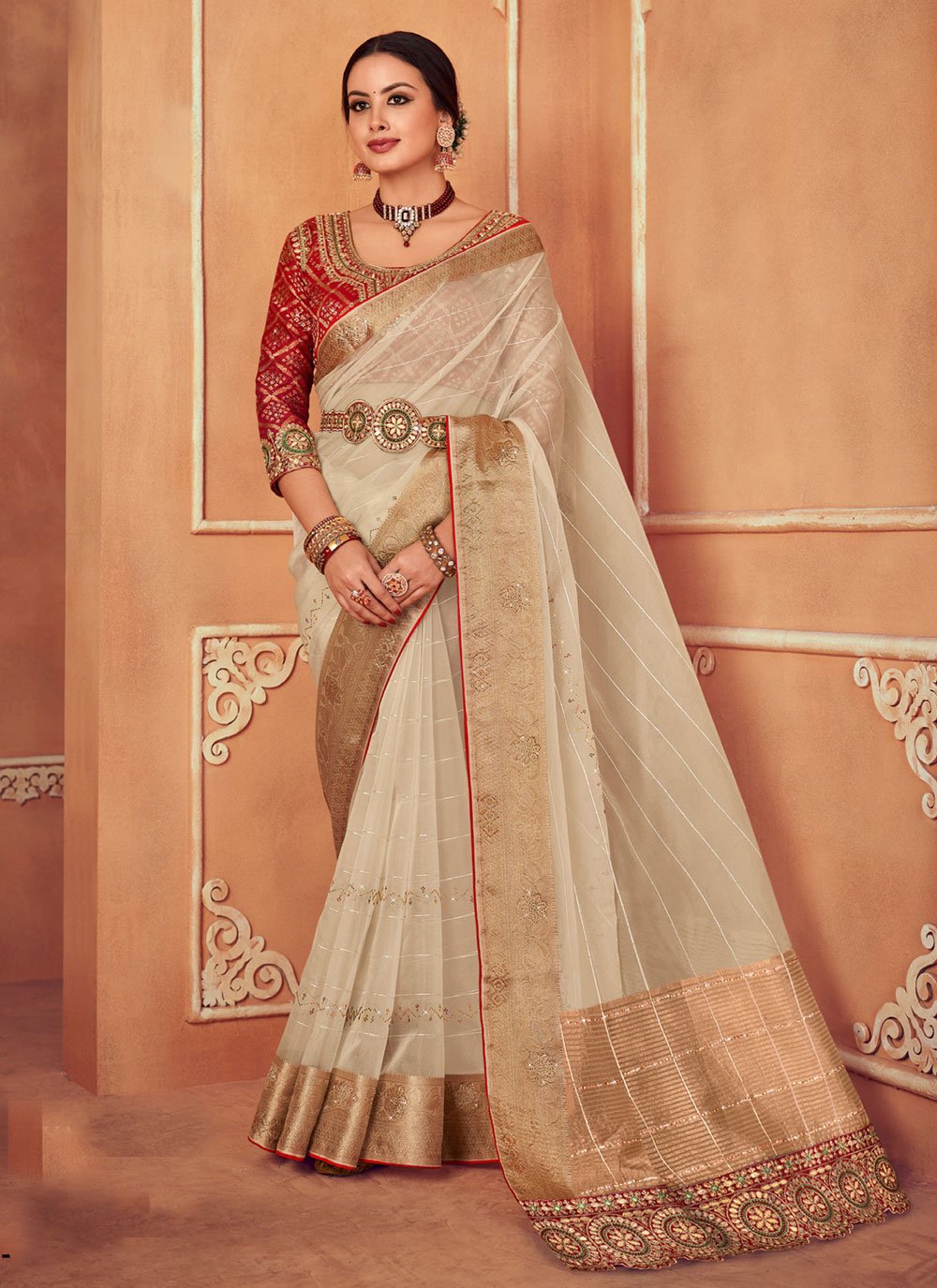 Fancy Fabric Cream Color Ethnic Wear Embroidered Saree With Matching Blouse