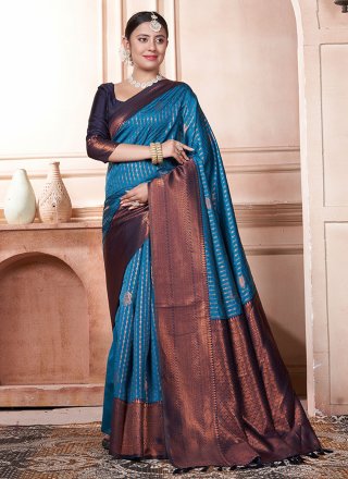 Orphic Blue Kanjivaram Silk Contemporary Sari with Woven Work