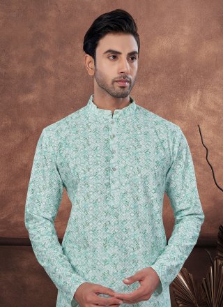Outstanding Green and Off White Rayon Kurta Mens Wear with Digital Print and Embroidered Work