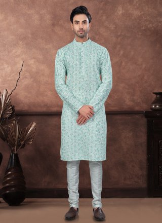 Outstanding Green and Off White Rayon Kurta Mens Wear with Digital Print and Embroidered Work