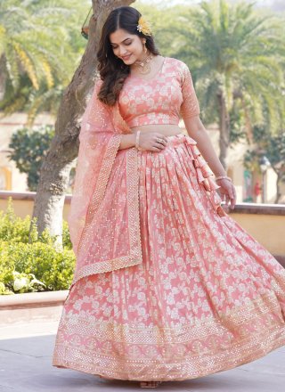 Outstanding Peach Jacquard Lehenga Choli with Embroidered and Sequins Work