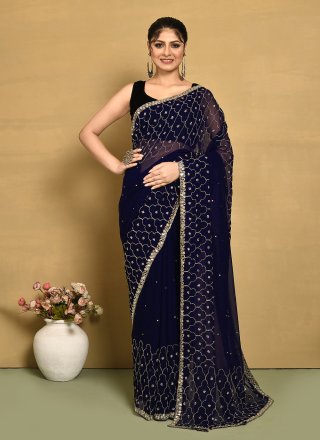 Paramount Blue Georgette Designer Sari with Hand Work