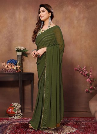 Paramount Green Georgette Contemporary Saree In Plain