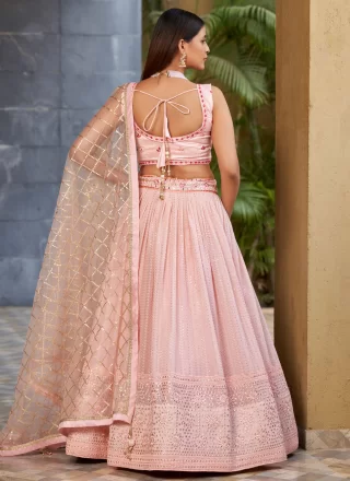 Paramount Pink Georgette Lehenga Choli with Embroidered, Mirror, Sequins and Thread Work