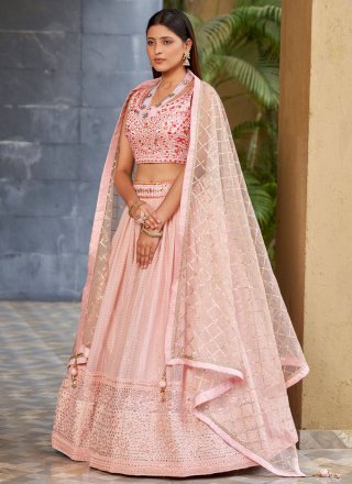 Paramount Pink Georgette Lehenga Choli with Embroidered, Mirror, Sequins and Thread Work