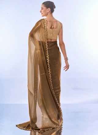 Patch Border and Cut Work Silk Trendy Saree In Brown for Ceremonial
