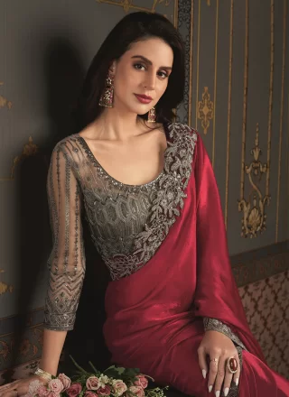 Patch Border and Embroidered Work Chiffon Classic Sari In Red