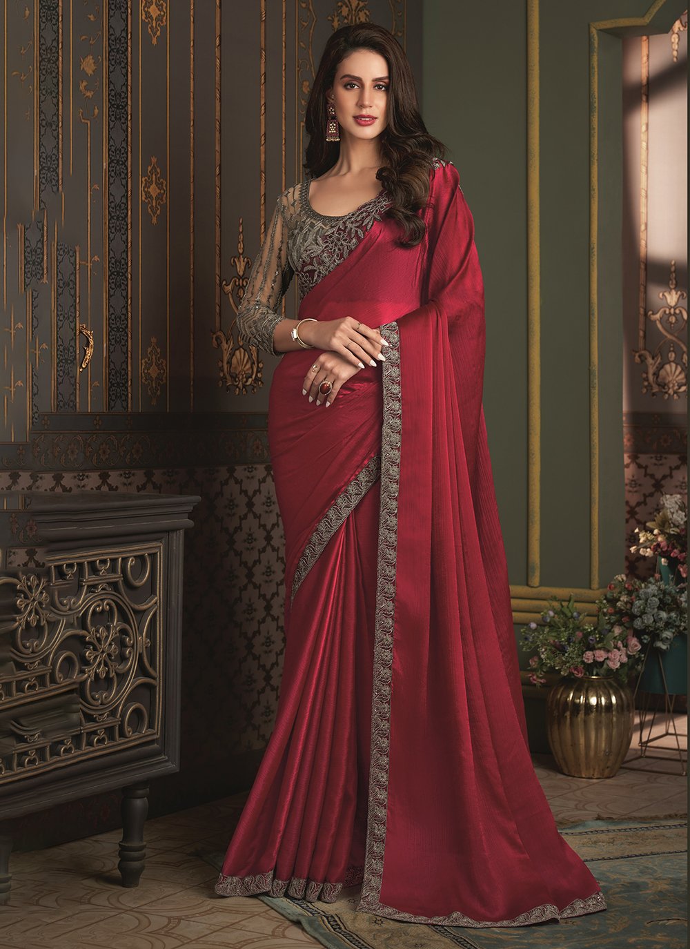 Patch Border and Embroidered Work Chiffon Classic Sari In Red