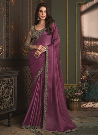 Patch Border and Embroidered Work Chiffon Contemporary Sari In Purple
