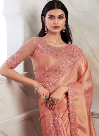 Patch Border and Embroidered Work Shimmer Classic Sari In Peach for Ceremonial