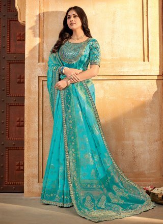 Patch Border and Embroidered Work Silk Classic Sari In Aqua Blue
