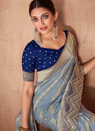 Patch Border and Embroidered Work Silk Silk Saree In Grey