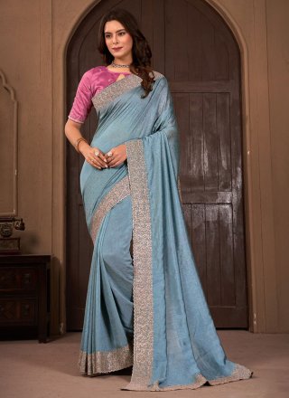 Patch Border and Embroidered Work Vichitra Silk Trendy Saree In Aqua Blue for Ceremonial