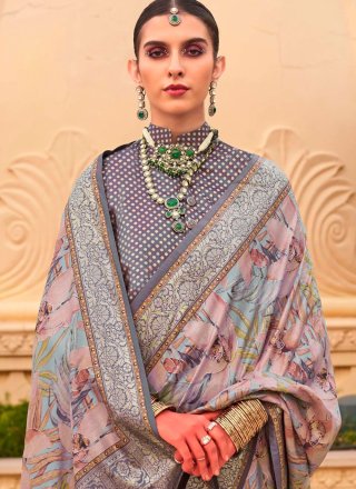 Patch Border and Floral Patch Work Silk Classic Sari In Aqua Blue