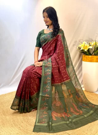 Patch Border and Print Work Chanderi Silk Classic Sari In Rust