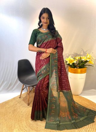 Patch Border and Print Work Chanderi Silk Classic Sari In Rust