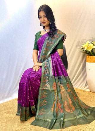 Patch Border and Print Work Chanderi Silk Contemporary Saree In Purple