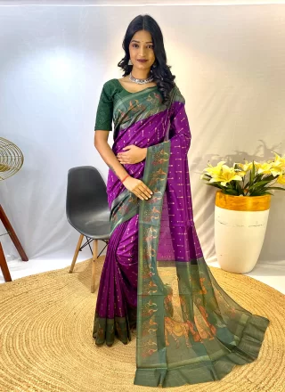 Patch Border and Print Work Chanderi Silk Contemporary Saree In Purple
