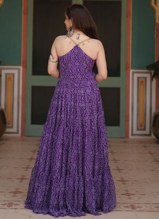Patch Border and Print Work Faux Georgette Designer Gown In Violet for Ceremonial