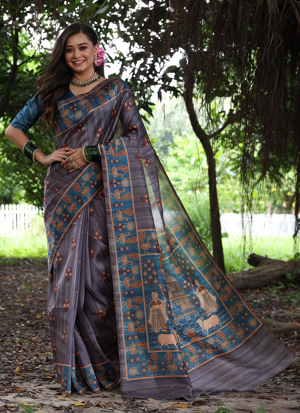 Grey Green Fancy Fabric Weaving Saree with 2024 beautiful designer Embroidery blouse, patched border with unique latkan in saree for women