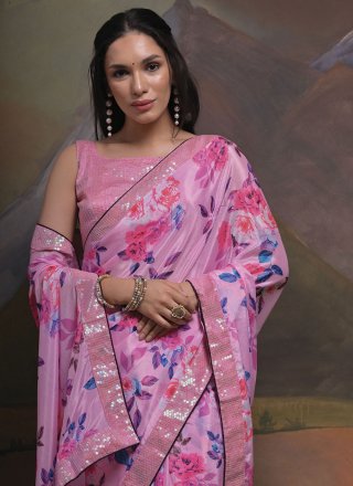 Patch Border and Sequins Work Chinon Classic Saree In Pink