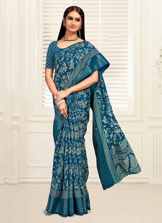 Patch Border and Zari Work Silk Contemporary Saree In Teal