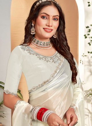 Patch Border, Cut and Zircon Work Silk Contemporary Saree In White