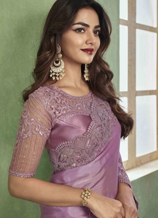 Patch Border, Embroidered and Sequins Work Chiffon Classic Saree In Purple for Engagement