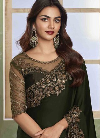 Patch Border, Embroidered and Sequins Work Chiffon Classic Sari In Green for Engagement