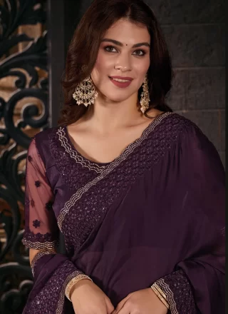 Patch Border, Embroidered and Sequins Work Chiffon Satin Classic Sari In Purple