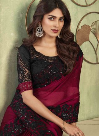 Patch Border, Embroidered and Sequins Work Chiffon Trendy Saree In Burgundy