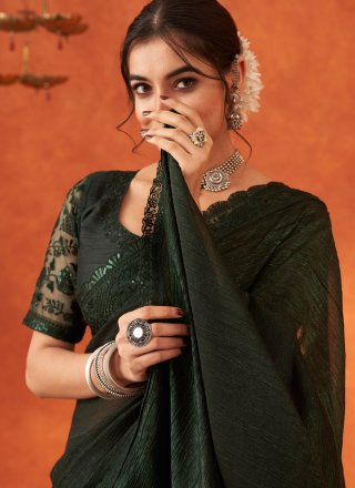 Patch Border, Embroidered and Sequins Work Cotton Silk Traditional Saree In Green for Ceremonial