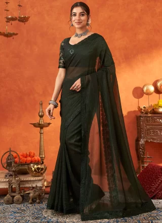 Patch Border, Embroidered and Sequins Work Cotton Silk Traditional Saree In Green for Ceremonial