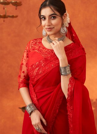 Patch Border, Embroidered and Sequins Work Cotton Silk Trendy Saree In Red for Ceremonial