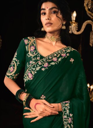 Patch Border, Embroidered and Sequins Work Fancy Fabric Classic Sari In Green